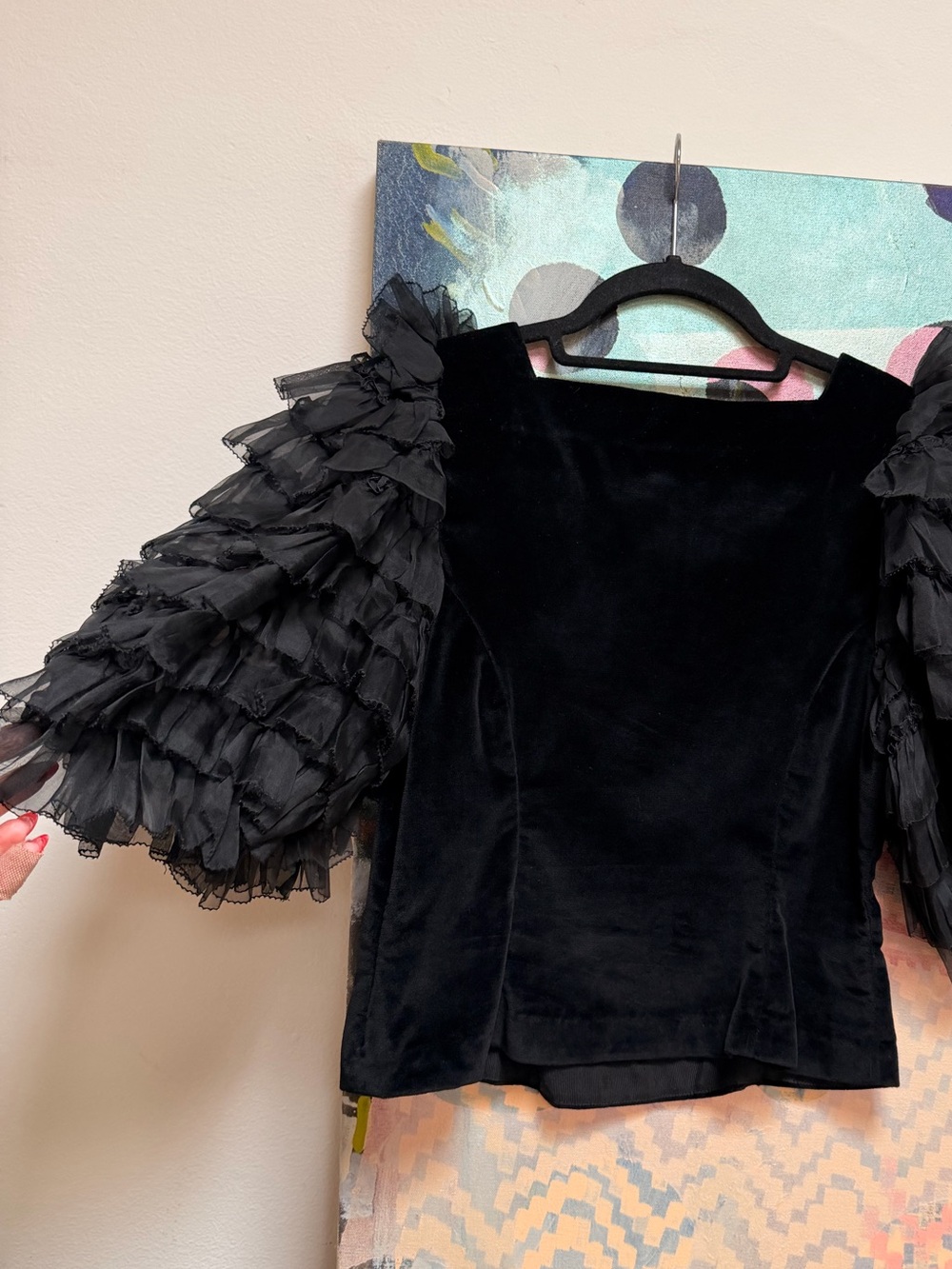 DÔEN Heirloom Black Ruffle-Sleeve Clarette Top Velvet and Silk Sz XS - Picture 8 of 12